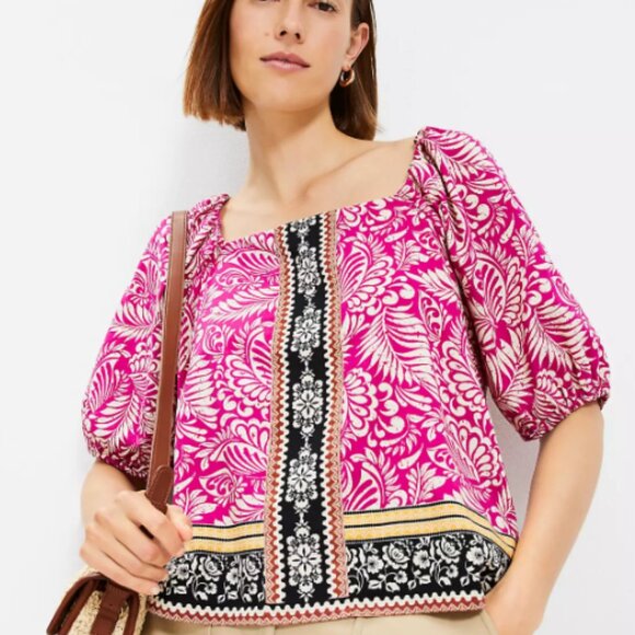LOFT Palm Bubble Sleeve Square Neck Blouse Large Boho Hippie Peasant Magenta - Picture 1 of 10